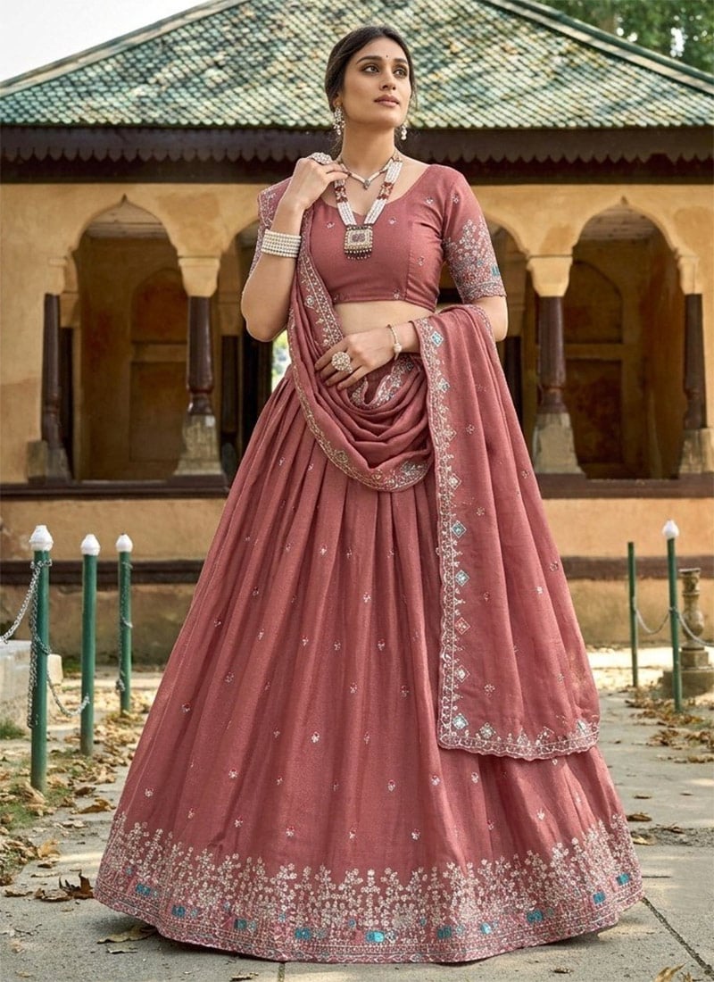 Dusty Pink Embroidered Umbrella Lehenga Festive Wear