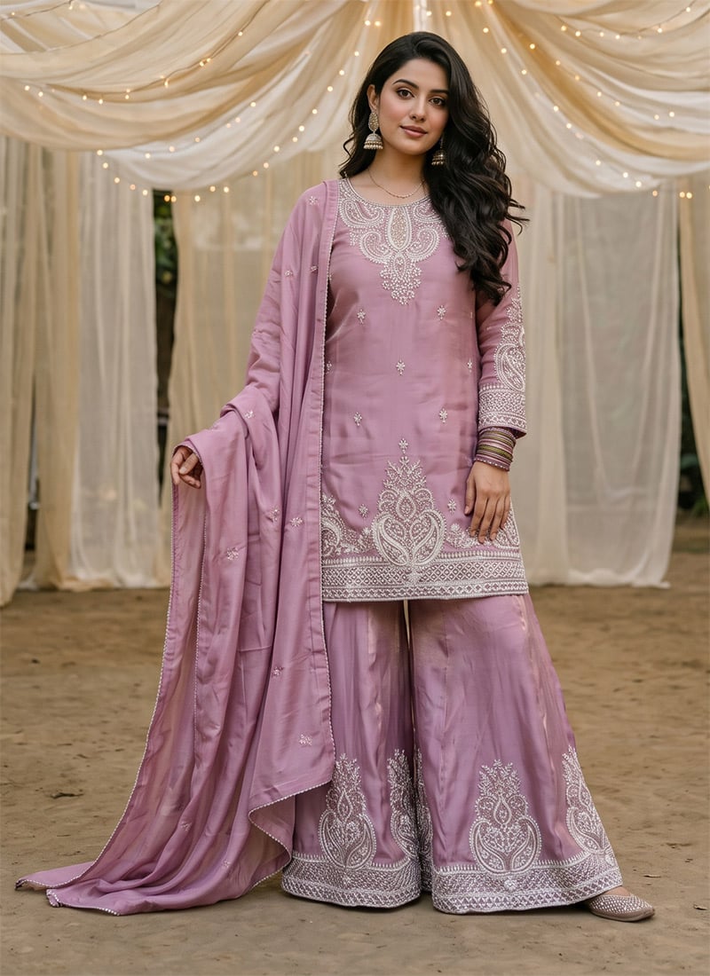 Dusty Pink Fandy Silk Floral Embroidered Sequins Palazzo Suit Festive Wear