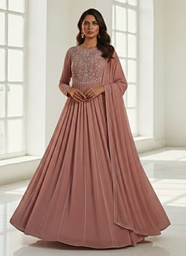 Dusty Pink Faux Georgette Abaya Style Anarkali Suit With Stone Work