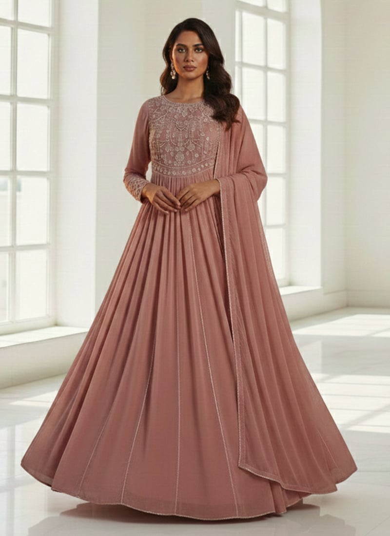Dusty Pink Faux Georgette Abaya Style Anarkali Suit With Stone Work Festive Wear