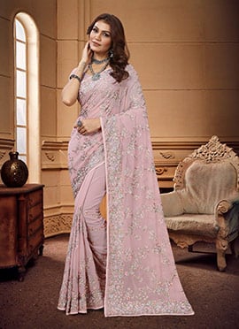 Dusty Pink Faux Georgette Embroidered Saree