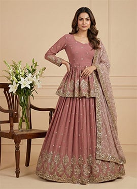 Dusty Pink Faux Georgette Embroidered Sequins A Line Lehenga