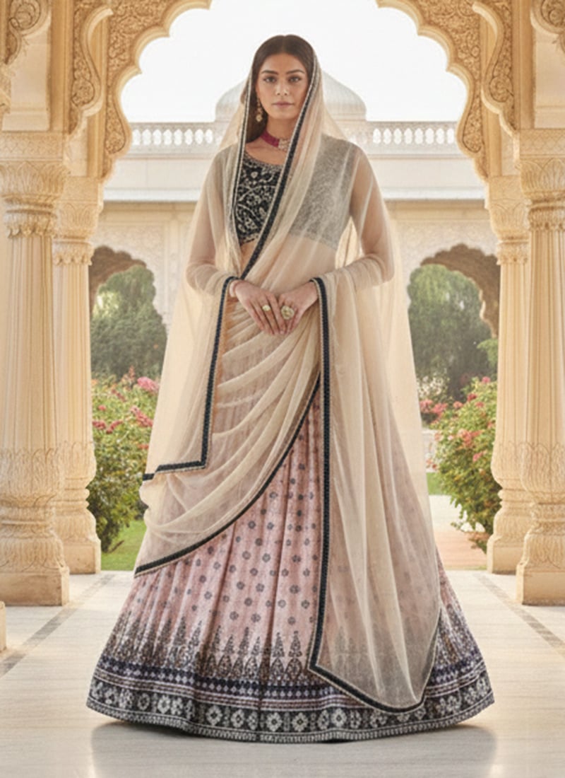 Dusty Pink Faux Georgette Printed Embroidered Sequins Lehenga Wedding Wear