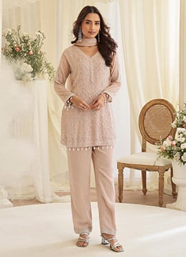 Dusty Pink Georgette Embroidered Sequins Beads Straight Pant Suit