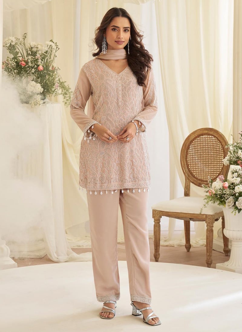 Dusty Pink Georgette Embroidered Sequins Beads Straight Pant Suit Festive Wear
