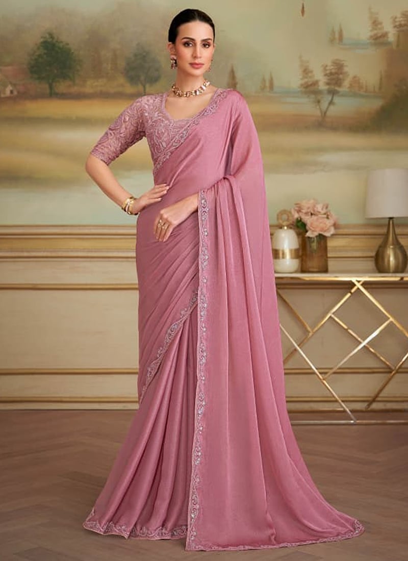 Dusty Pink Georgette Embroidered Sequins Saree Festive Wear