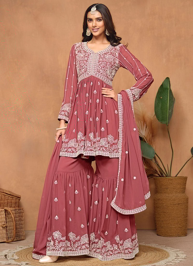 Dusty Pink Georgette Embroidered Sequins Sharara Suit Festive Wear