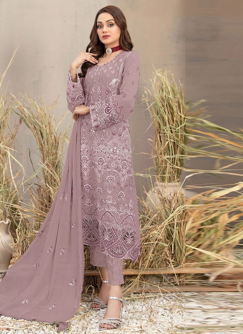 Dusty Pink Georgette Embroidered Stone Sequins Pakistani Straight Pant Suit Festive Wear