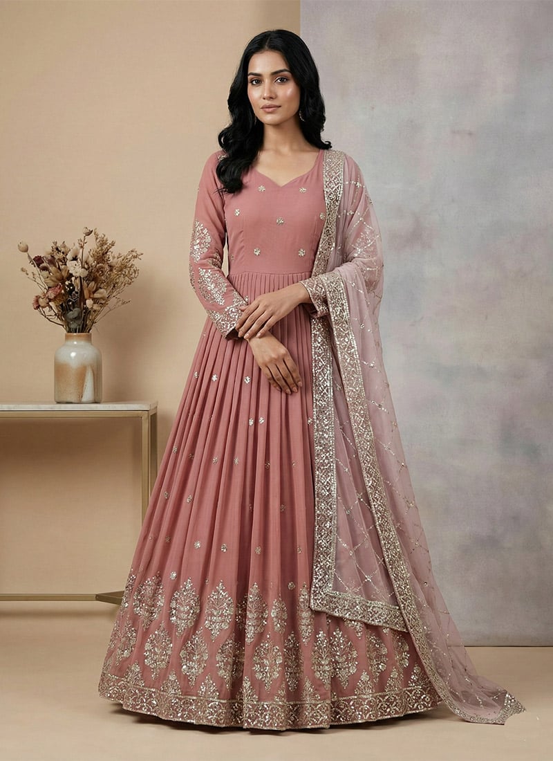 Dusty Pink Georgette Sequins Embroidered Anarkali Suit Festive Wear