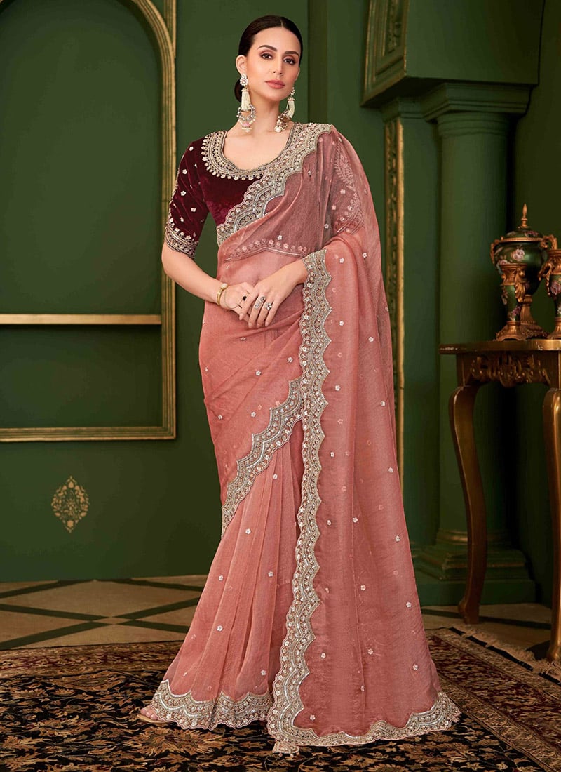 Dusty Pink Georgette Zari Embroidered Sequins Saree Wedding Wear