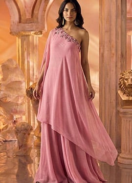 Dusty Pink Georgette Zari Embroidered Sequins With Stone Work Indo Western Set