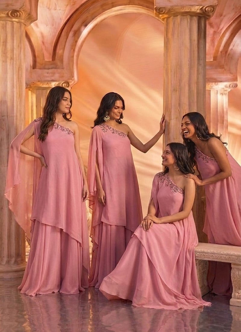 Dusty Pink Georgette Zari Embroidered Sequins With Stone Work Indo Western Set After Six Wear
