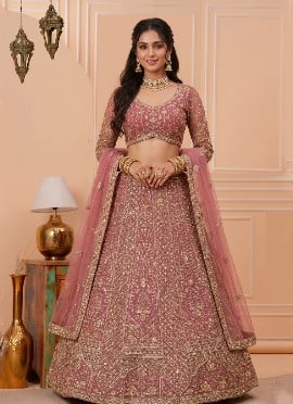 Dusty Pink Net Sequins Embroidered Lehenga
