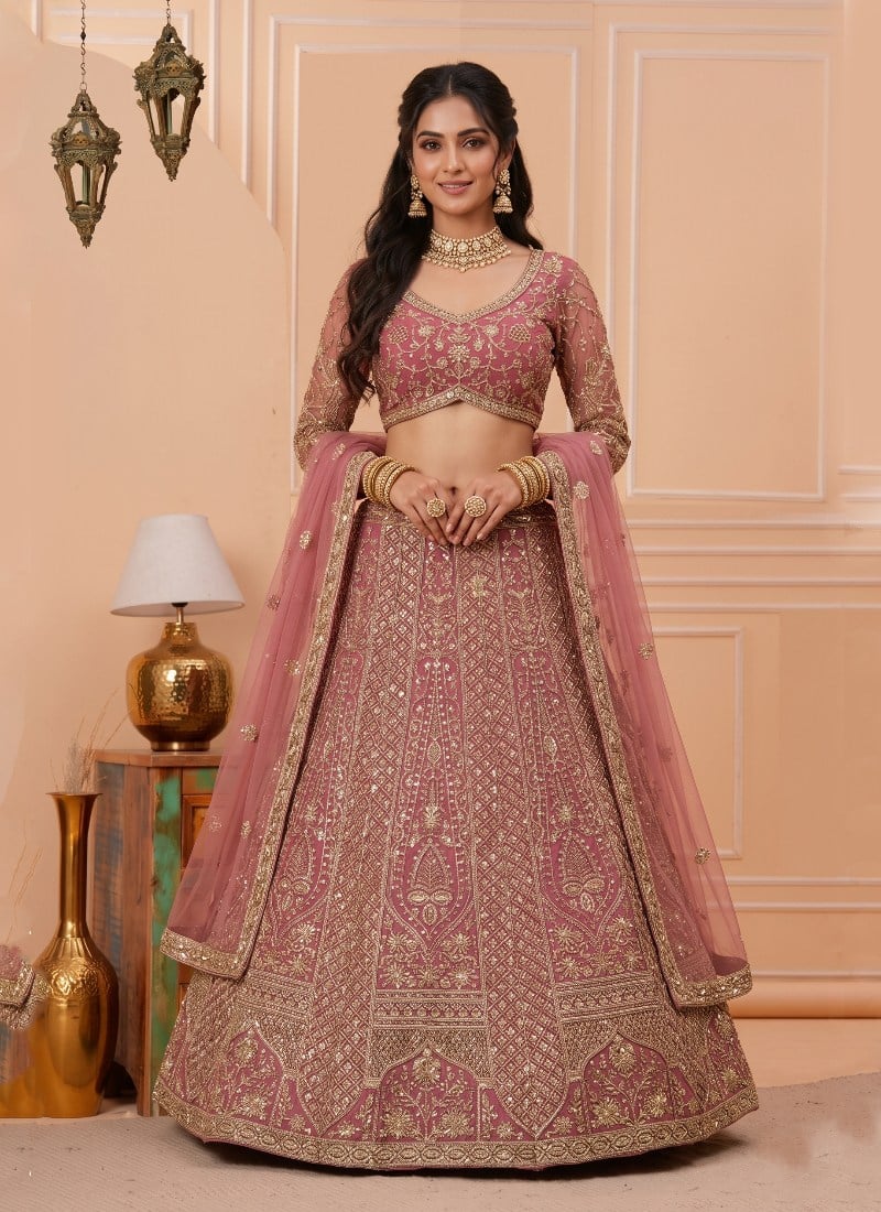 Dusty Pink Net Sequins Embroidered Lehenga After Six Wear