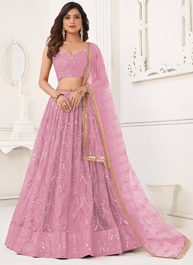 Dusty Pink Net Sequins Embroidered Mirror Work Lehenga Wedding Wear