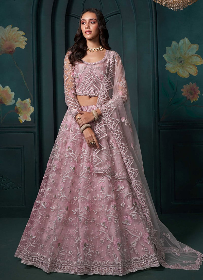 Dusty Pink Net Zarkan Thread Embroidered Lehenga For Glamorous Wedding Wear