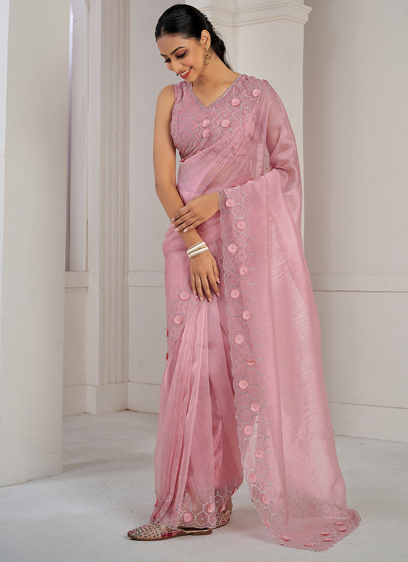 Dusty Pink Organza Sequins Zarkan Saree Festive Wear