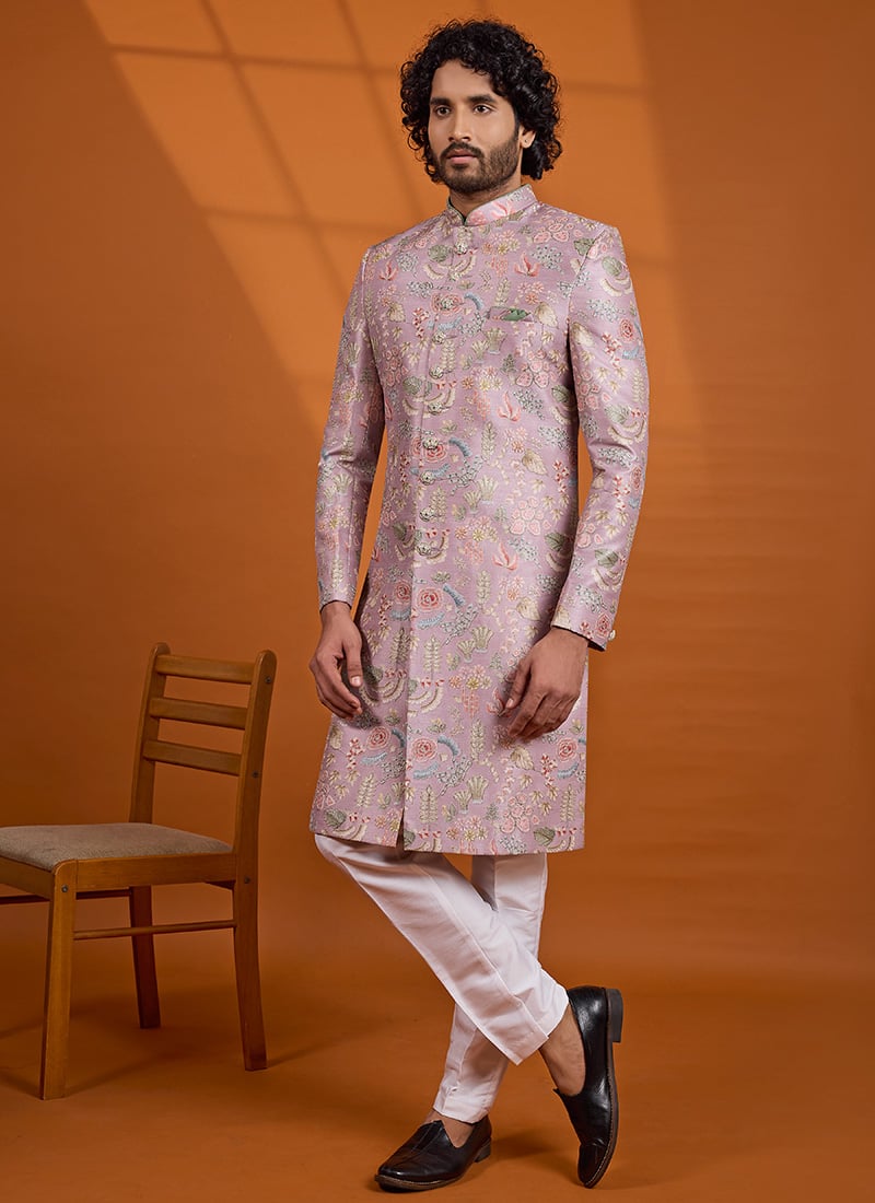 Dusty Pink Printed Embroidered Silk Indo Western Sherwani Festive Wear