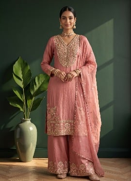 Dusty Pink Sequins Embroidered Silk Palazzo Suit