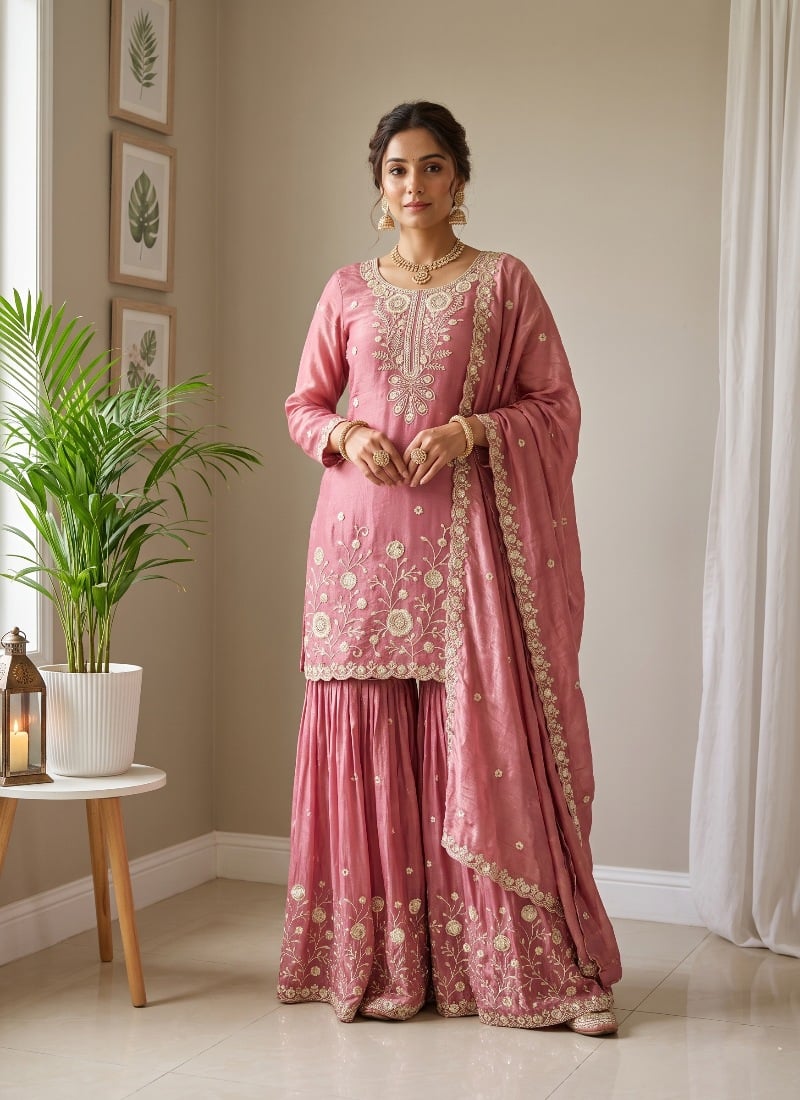 Dusty Pink Sequins Embroidered Silk Palazzo Suit After Six Wear