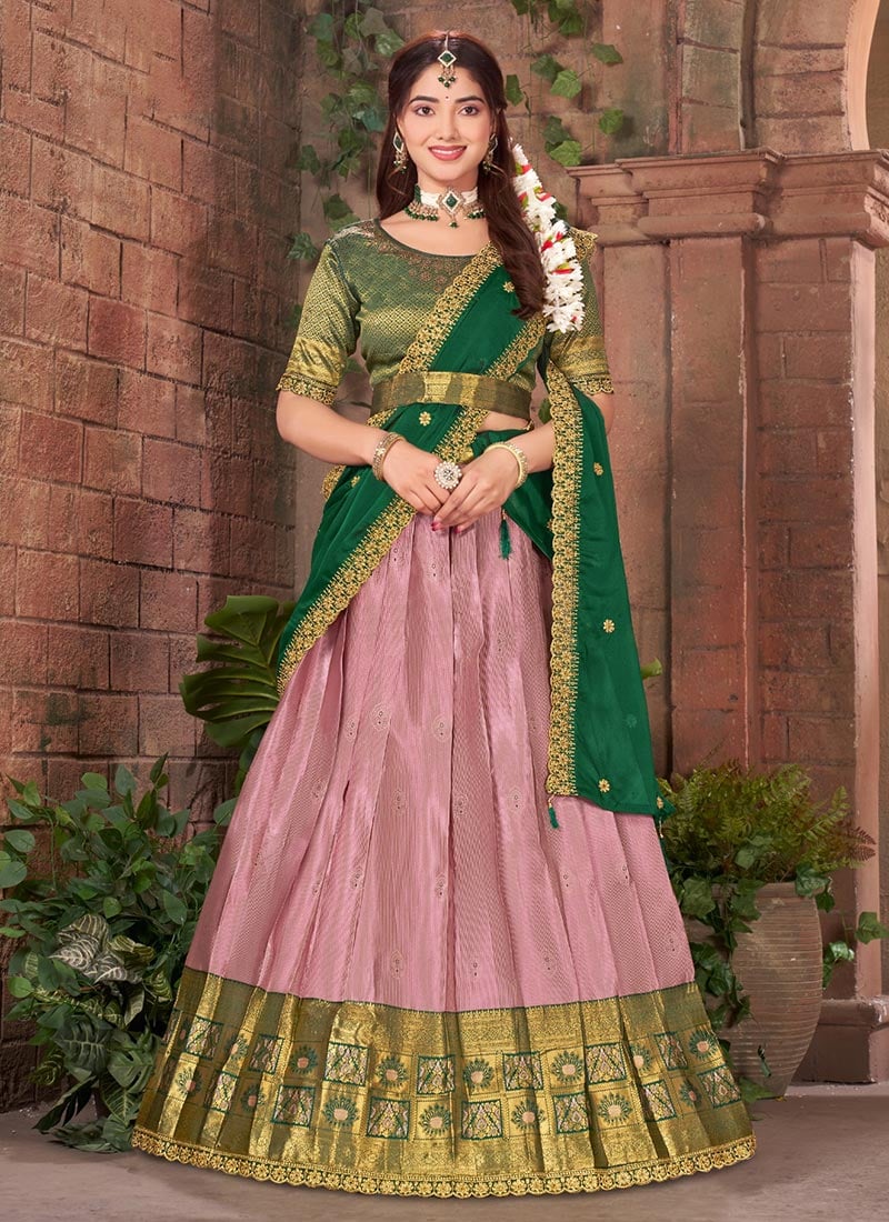 Dusty Pink Silk Jacquard Zari Embroidered Sequins With Stone Work Lehenga  Festive Wear