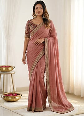 Dusty Pink Silk Zari Embroidered Sequins Saree