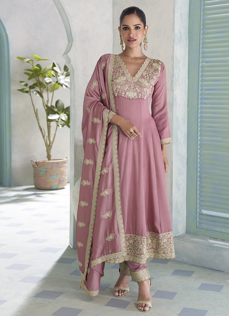 Dusty Pink Silk Zari Embroidered Sequins With Gota Work A Line Anarkali Suit Festive Wear