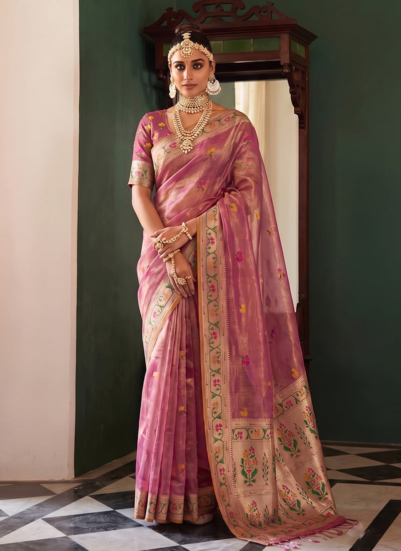 Dusty Pink Tissue Silk Woven Jacquard Saree Festive Wear