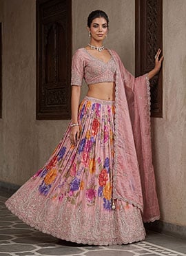 Dusty Pink Tissue Zari Embroidered Sequins Stones Beads Lehenga