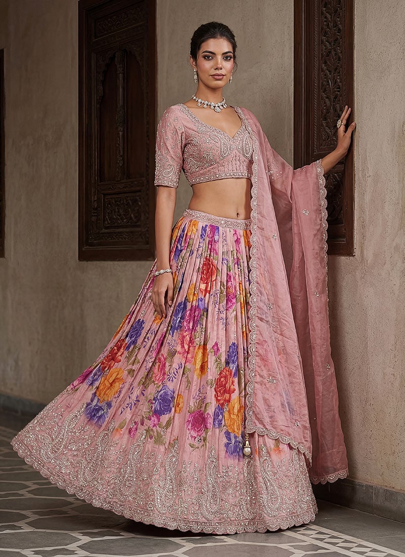 Dusty Pink Tissue Zari Embroidered Sequins Stones Beads Lehenga Wedding Wear