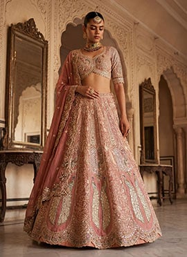 Dusty Pink Tissue Zari Embroidered Sequins With Stone And Beads Lehenga