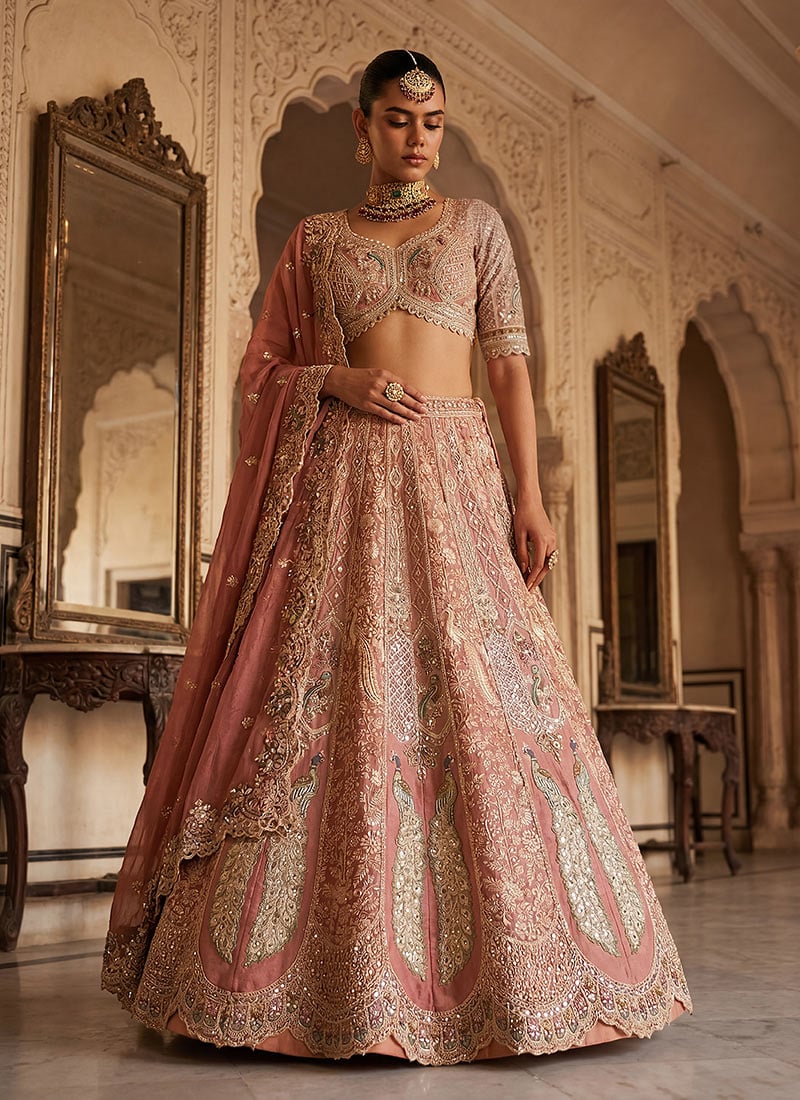 Dusty Pink Tissue Zari Embroidered Sequins With Stone And Beads Lehenga Wedding Wear