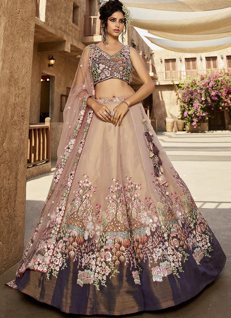 Dusty Pink Tissue Zarkan Embroidered Sequins Stone Work Lehenga Wedding Wear