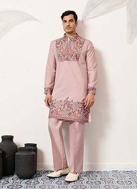 Dusty Pink Viscose Silk Embroidered Sequins Kurta Pyjama For Men.