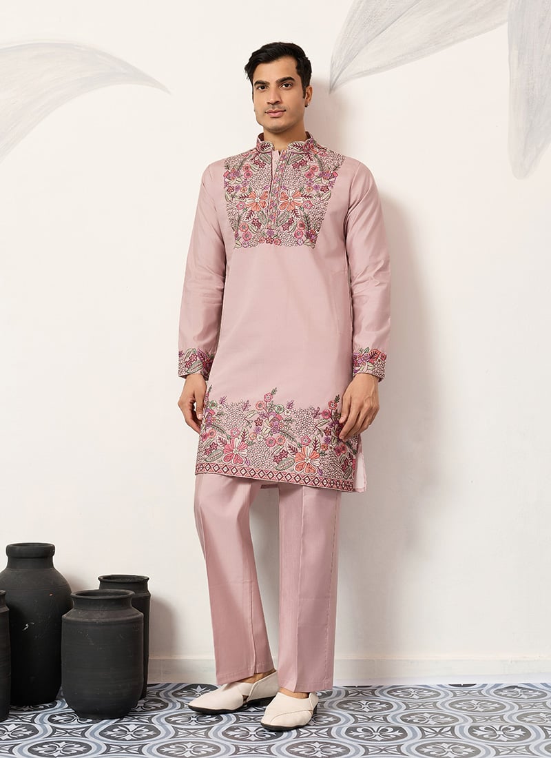 Dusty Pink Viscose Silk Embroidered Sequins Kurta Pyjama For Men. Festive Wear
