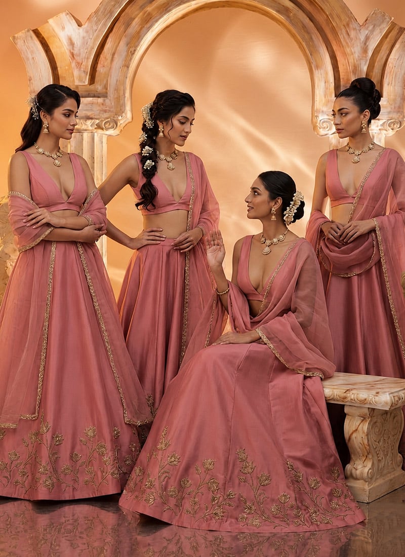 Dusty Pink Zardosi Resham Embroidered Lehenga Choli Wedding Wear