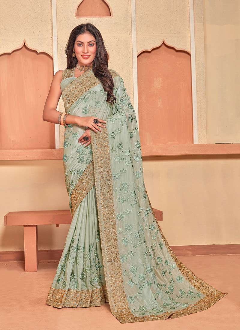 Dusty Pista Faux Crepe Embroidered Saree Party Wear