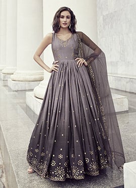 Dusty Purple Chinon Sequins Embroidery Work Gown