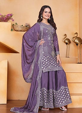 Dusty Purple Chinon Silk Embroidered Sequins Palazzo Suit