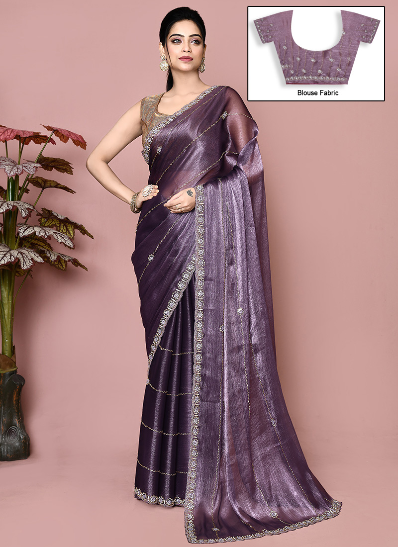 Dusty Purple Organza Hand Embroidered Saree Wedding Wear