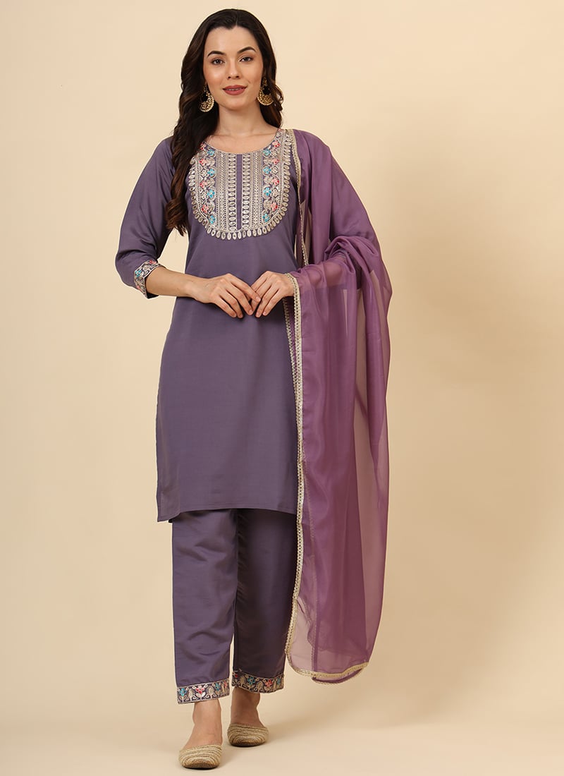 Dusty Purple Silk Embroidered Sequins Straight Pant Suit After Six Wear
