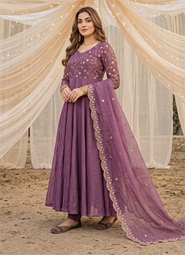 Dusty Purple Silk Floral Embroidered Sequins Anarkali Suit