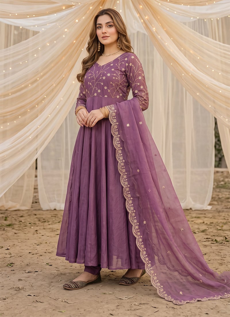 Dusty Purple Silk Floral Embroidered Sequins Anarkali Suit Festive Wear