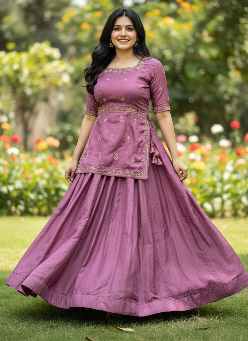 Dusty Rose Chinon Embroidered Indowestern Skirt Set Wedding Wear