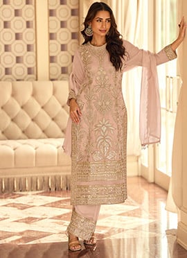 Dusty Rose Georgette Embroidered Sequins And Beads Straight Pant Suit