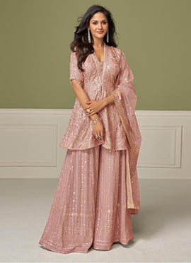 Dusty Rose Georgette Hand Embroidered Palazzo Suit