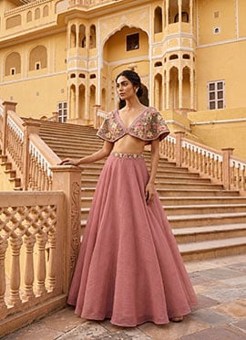 Dusty Rose Pink Cape Sleeve Organza Resham Beads Indo Western Skirt Set