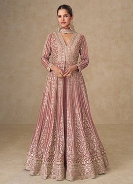 Dusty Rose Pink Chinon Silk Zari Embroidered Sequins A Line High Slit Anarkali Suit