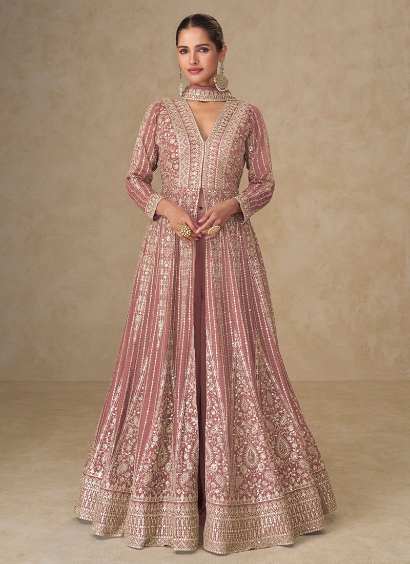 Dusty Rose Pink Chinon Silk Zari Embroidered Sequins A Line High Slit Anarkali Suit Wedding Wear