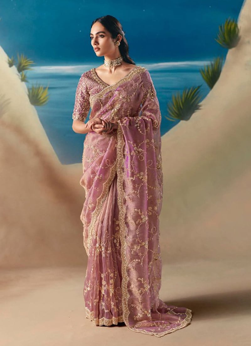 Dusty Rose Pink Fancy Silk Zari Embroidered Sequins With Beads Work Saree Wedding Wear
